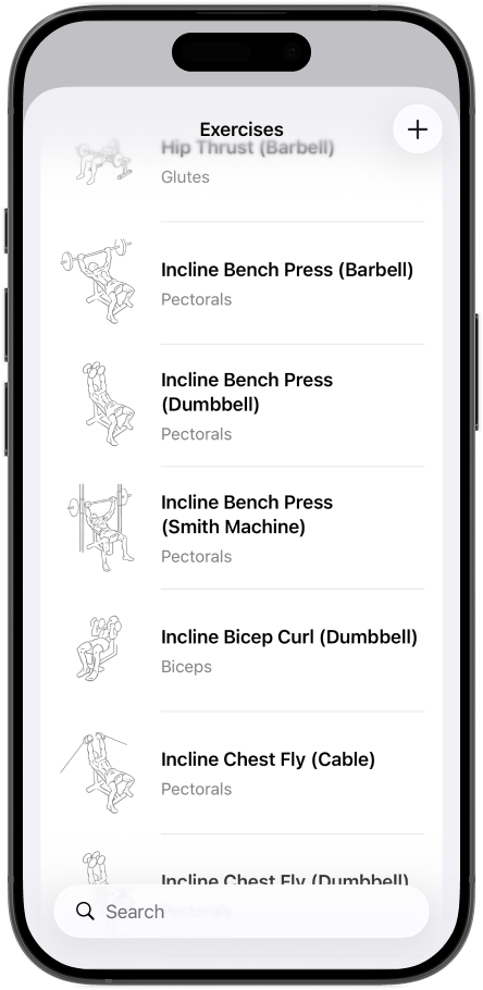 Built-in exercise database mockup list screen
